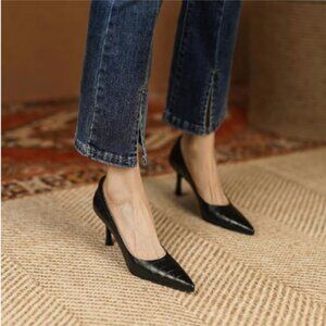 FOWT Black Solid Croc-Embossed Pointed Toe Pumps Women Dressy Slip on Shoes